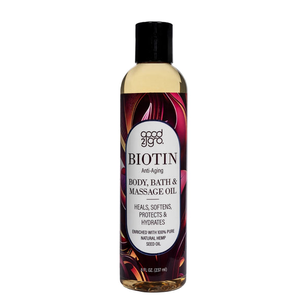 GOOD2GRO BIOTIN Anti-Aging Body, Bath & Massage Oil with Hemp Oil, Helps Skin Regain Suppleness, Softens, Improves Elasticity & Skin Tone, Vegan and Cruelty Free 8oz.
