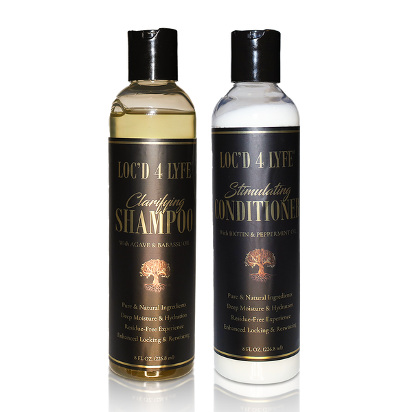 LOC'D 4 LYFE Clarifying Shampoo and Stimulating Conditioner in two black-and-gold-labeled 8oz bottles standing side by side.