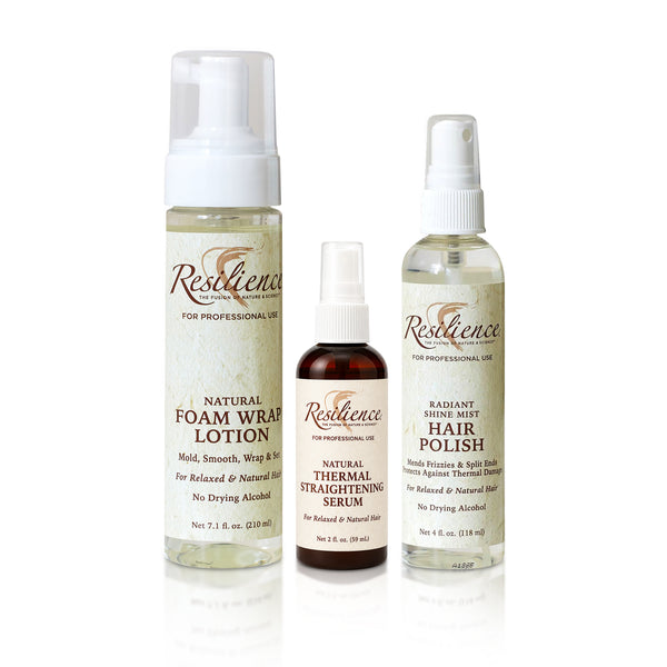 RESILIENCE Foam Wrap Lotion, Thermal Straightening Serum and Hair Polish bottles arranged on a white background.