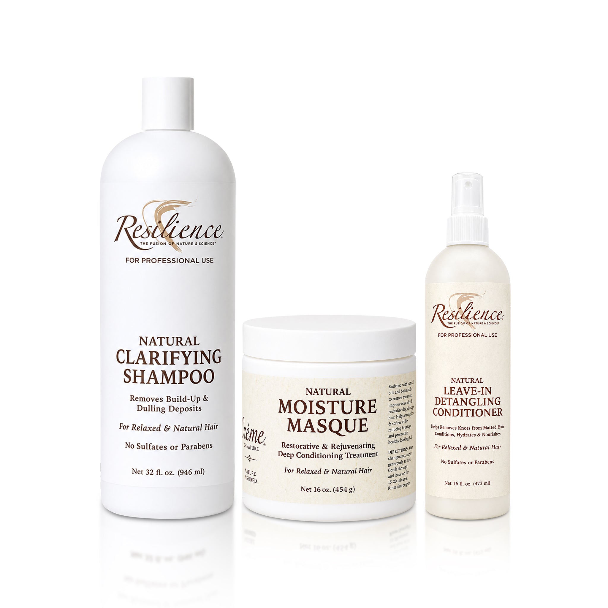 RESILIENCE Clarifying Shampoo 32oz, Moisture Masque 16oz and Leave-In Detangling Conditioner 16oz arranged on a white background.