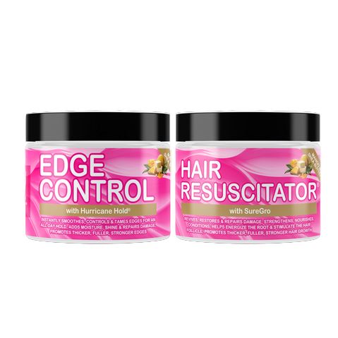 Two hair care products, 'Edge Control' and 'Hair Resuscitator', on a white background.