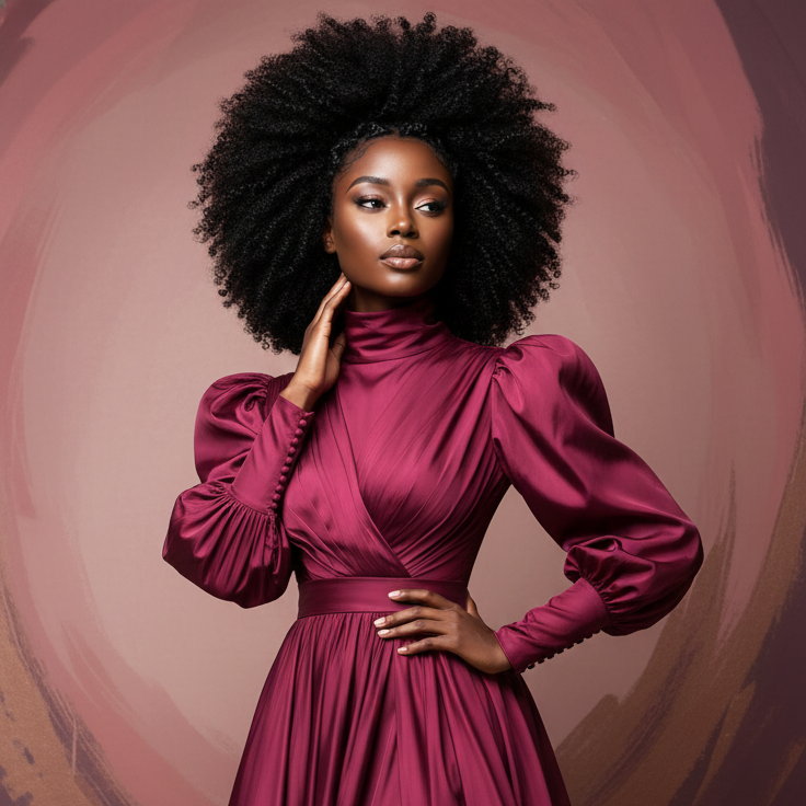Woman in a burgundy dress posing against a pinkish-brown background