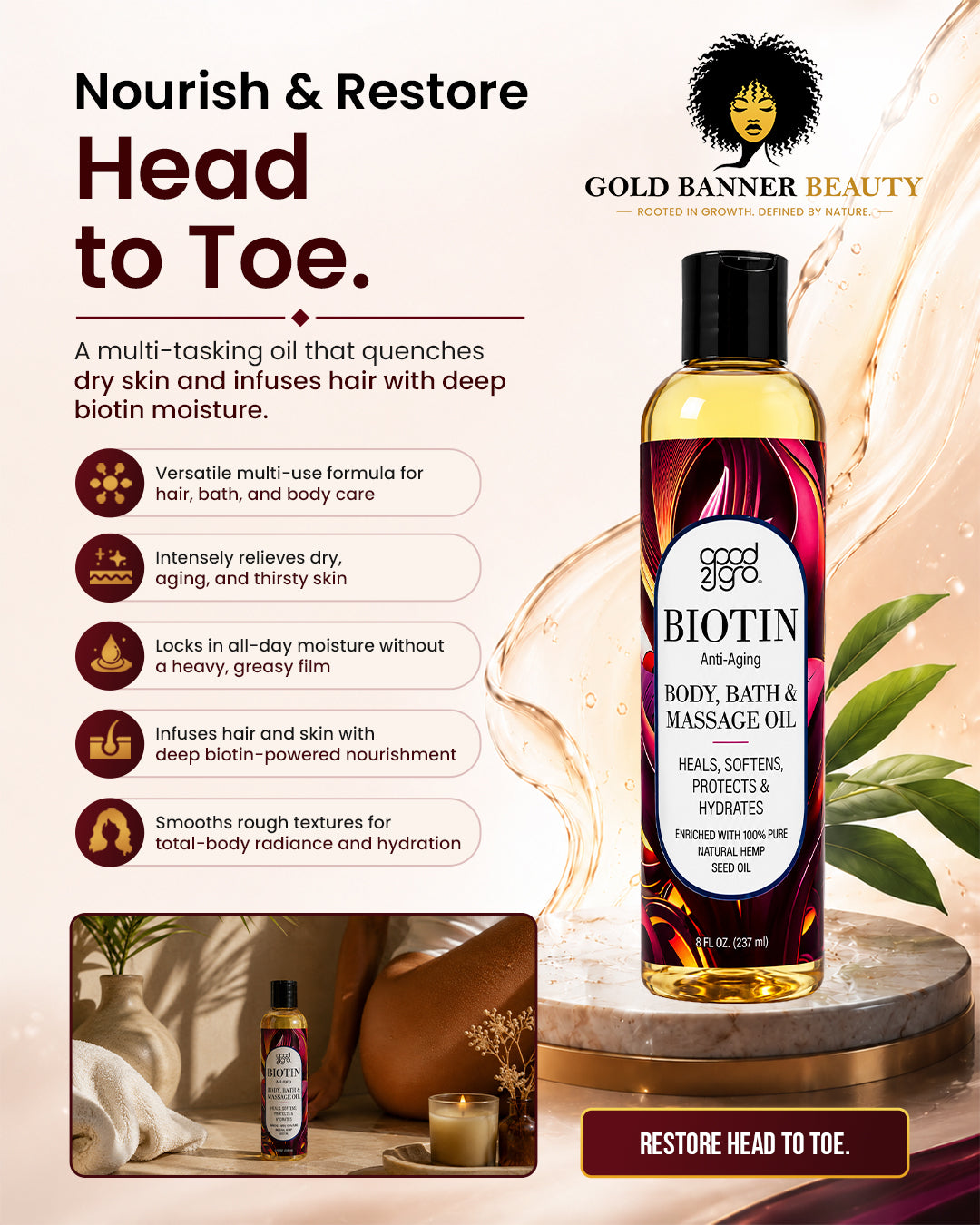 GOOD2GRO Biotin Hair, Bath & Body Oil | Dry, Aging Skin & Thinning Hair — Nourish & Restore Head to Toe