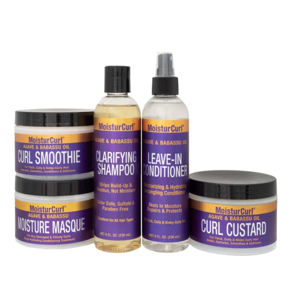 MoisturCurl Clarifying Shampoo, Masque Conditioner, Leave-N, Curl Custard 8 oz each Bundled with Curl Defining Smoothie 8.50 oz. Curly Hair Products with Babassu Seed Oil, Agave Extracts