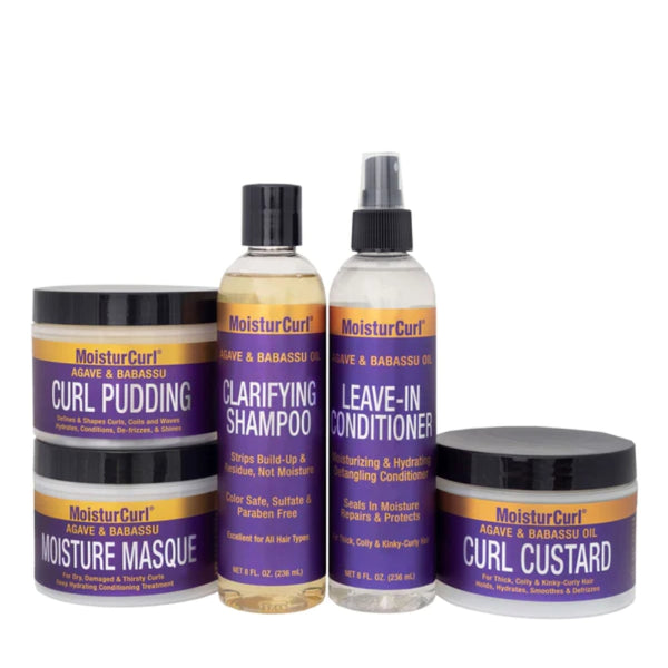 MoisturCurl Clarifying Shampoo, Masque Conditioner, Leave-N, Curl Custard 8 oz each Bundled with Curl Enhancing Pudding 8 oz. Vegan and Cruelty Free Curly Hair Care Products with Babassu Seed Oil, Agave Extracts