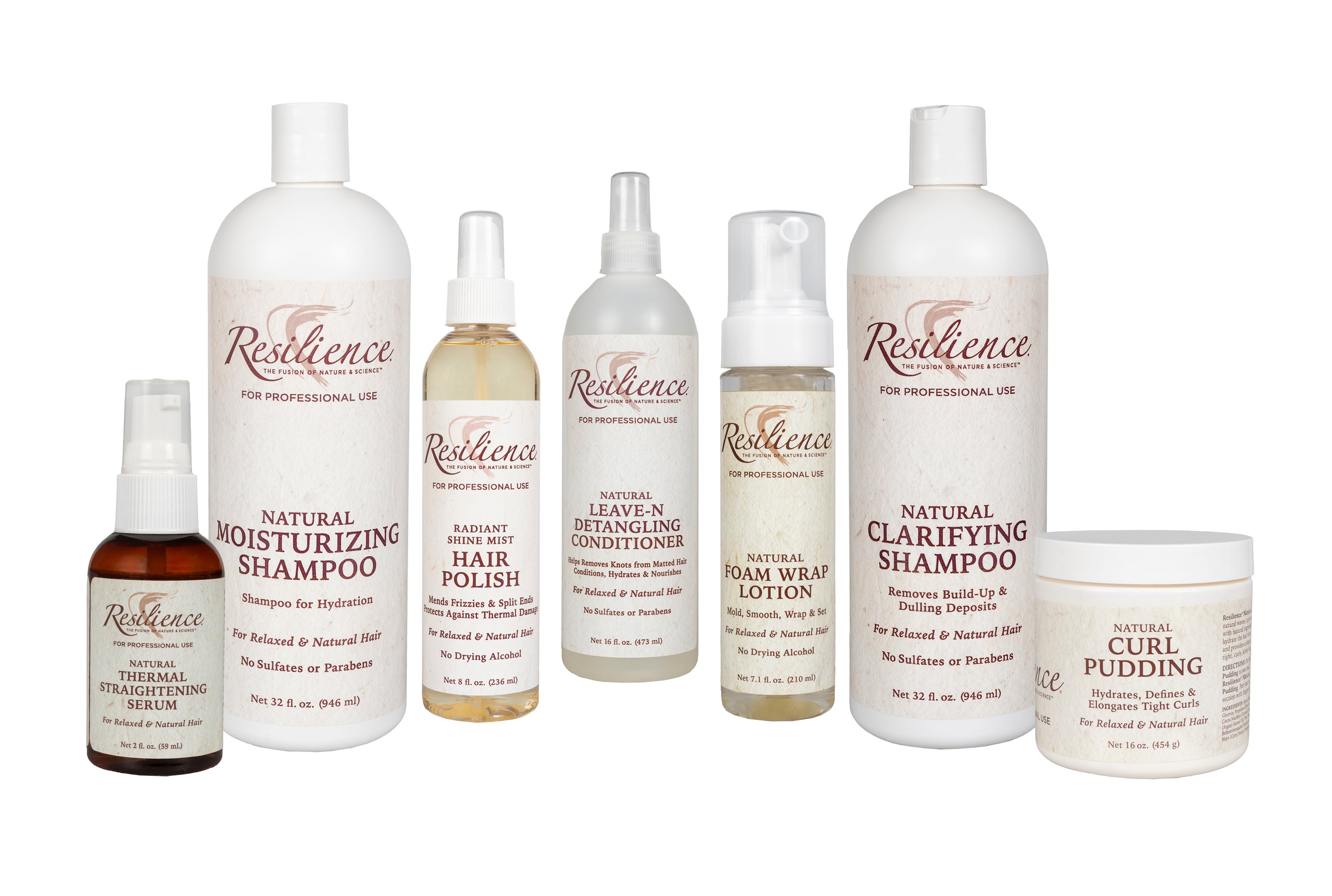 Seven RESILIENCE products on a white background: thermal serum, moisturizing shampoo, hair polish, leave-in conditioner, foam wrap lotion, clarifying shampoo and curl pudding.