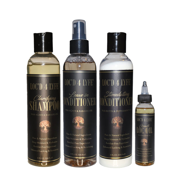 “Four LOC’D 4 LYFE hair care products on a white background: Clarifying Shampoo, Leave-In Conditioner, Scalp Stimulating Conditioner, and Loc Oil.”