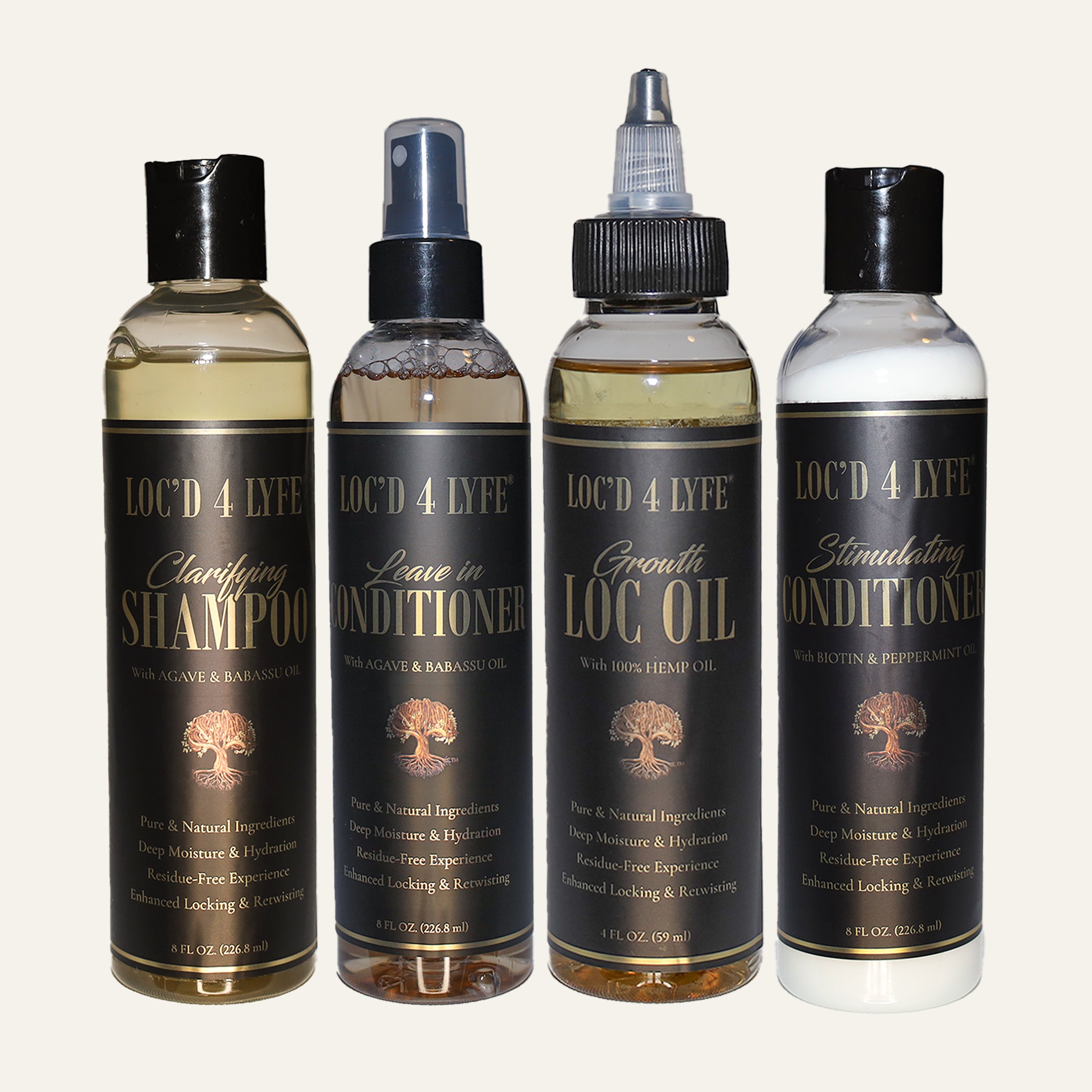 LOC’D 4 LYFE four-piece Wash-Day Hydration Bundle with Clarifying Shampoo, Scalp Stimulating Conditioner, Leave-In Conditioner, and Loc Oil.

