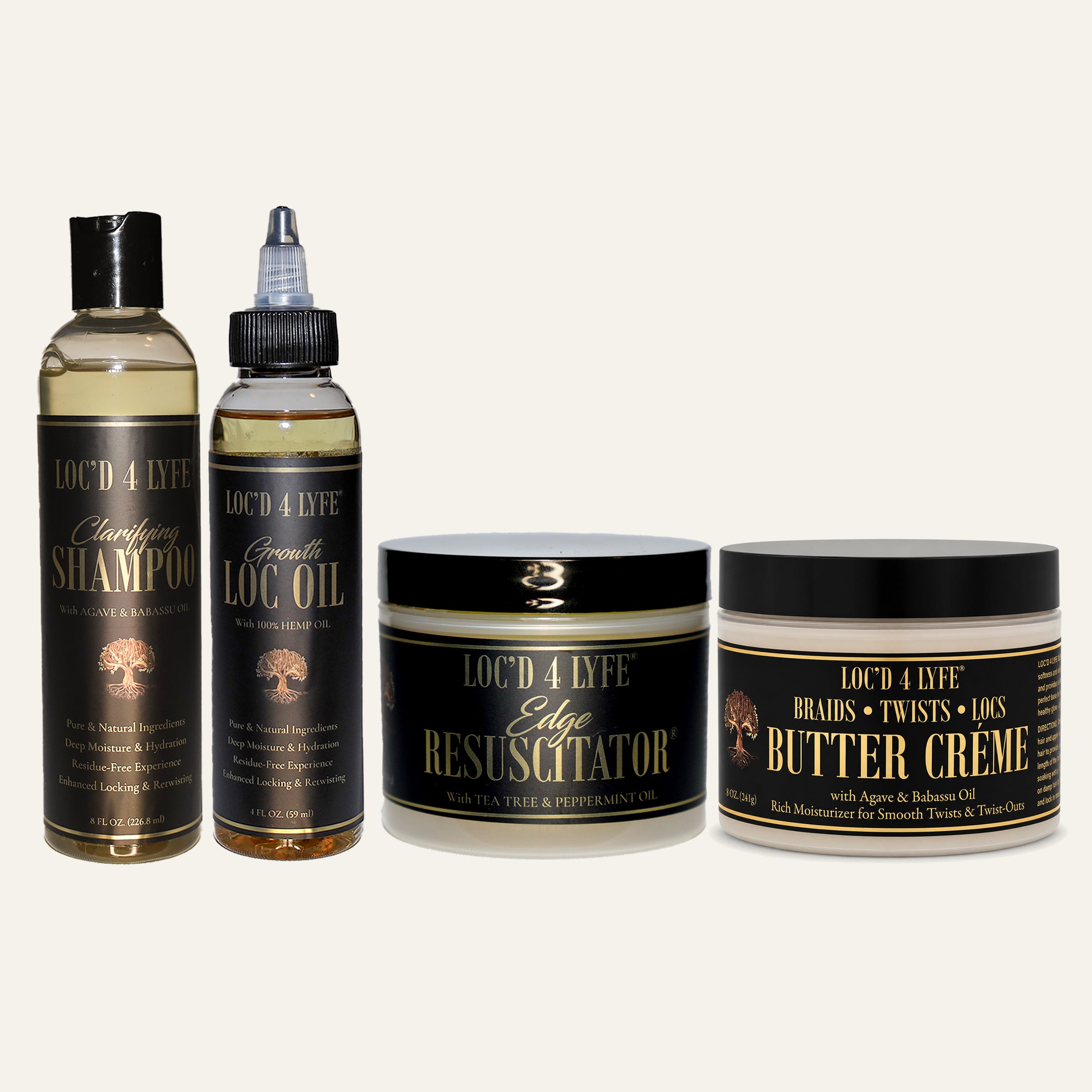 LOC’D 4 LYFE four-piece set: Clarifying Shampoo, Growth Loc Oil, Edge Resuscitator, and Twist & Loc Butter Crème.