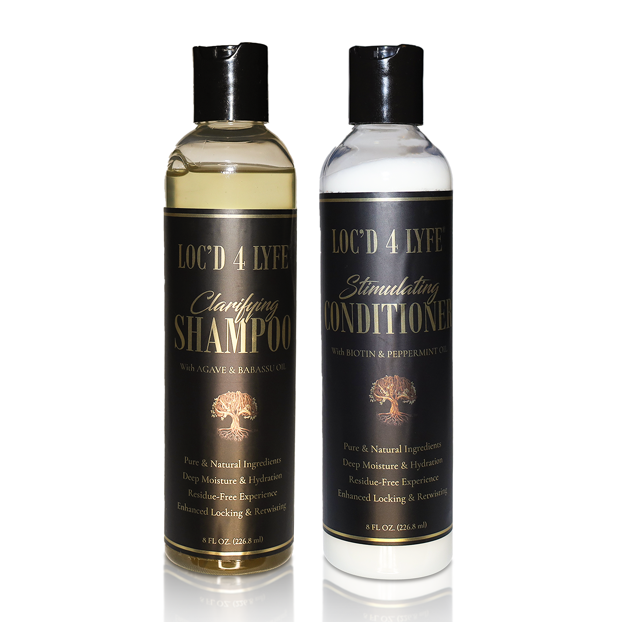 LOC'D 4 LYFE Clarifying Shampoo and Stimulating Conditioner in two black-and-gold-labeled 8oz bottles standing side by side.