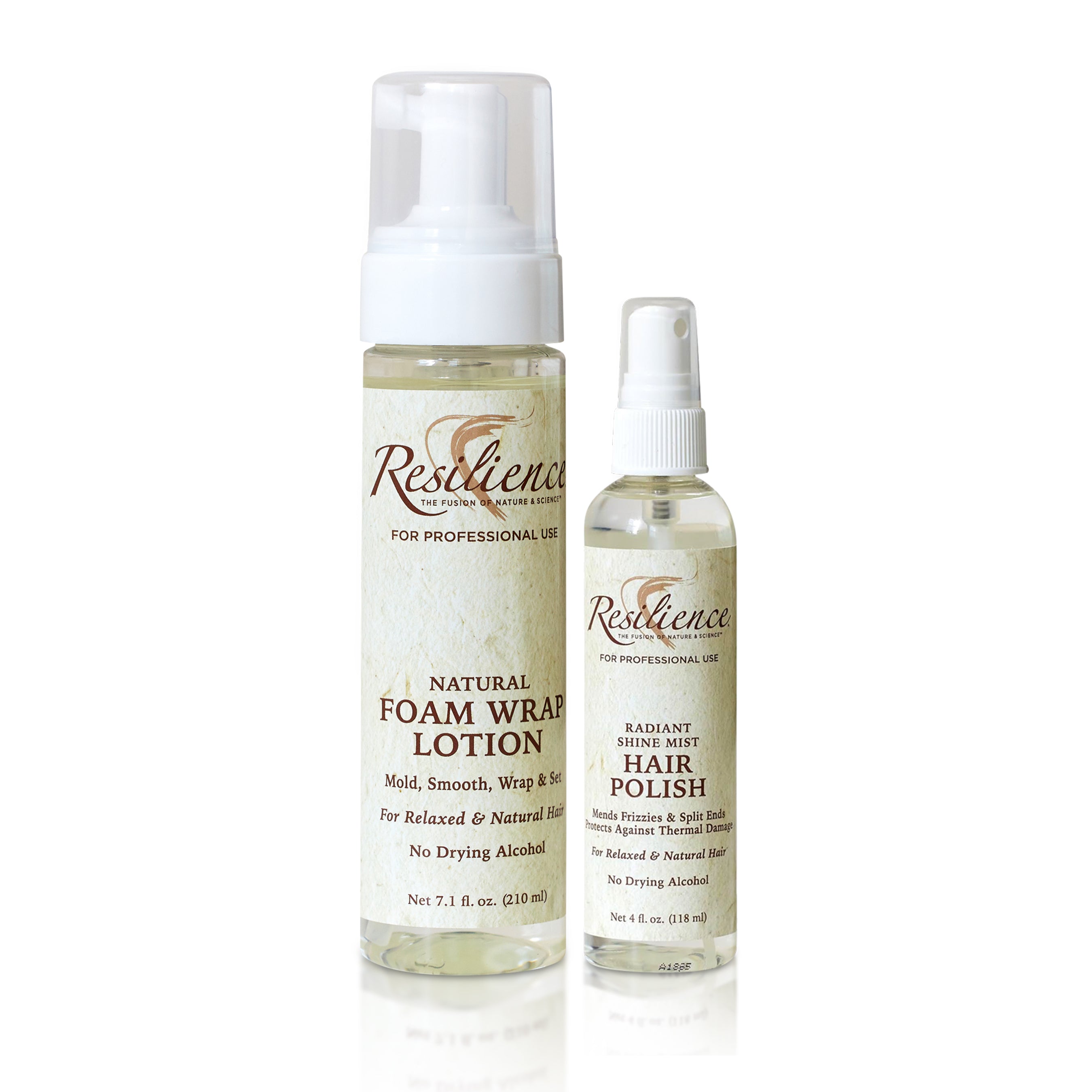 RESILIENCE Foam Wrap Lotion and Hair Polish bottles standing side by side on a white background.