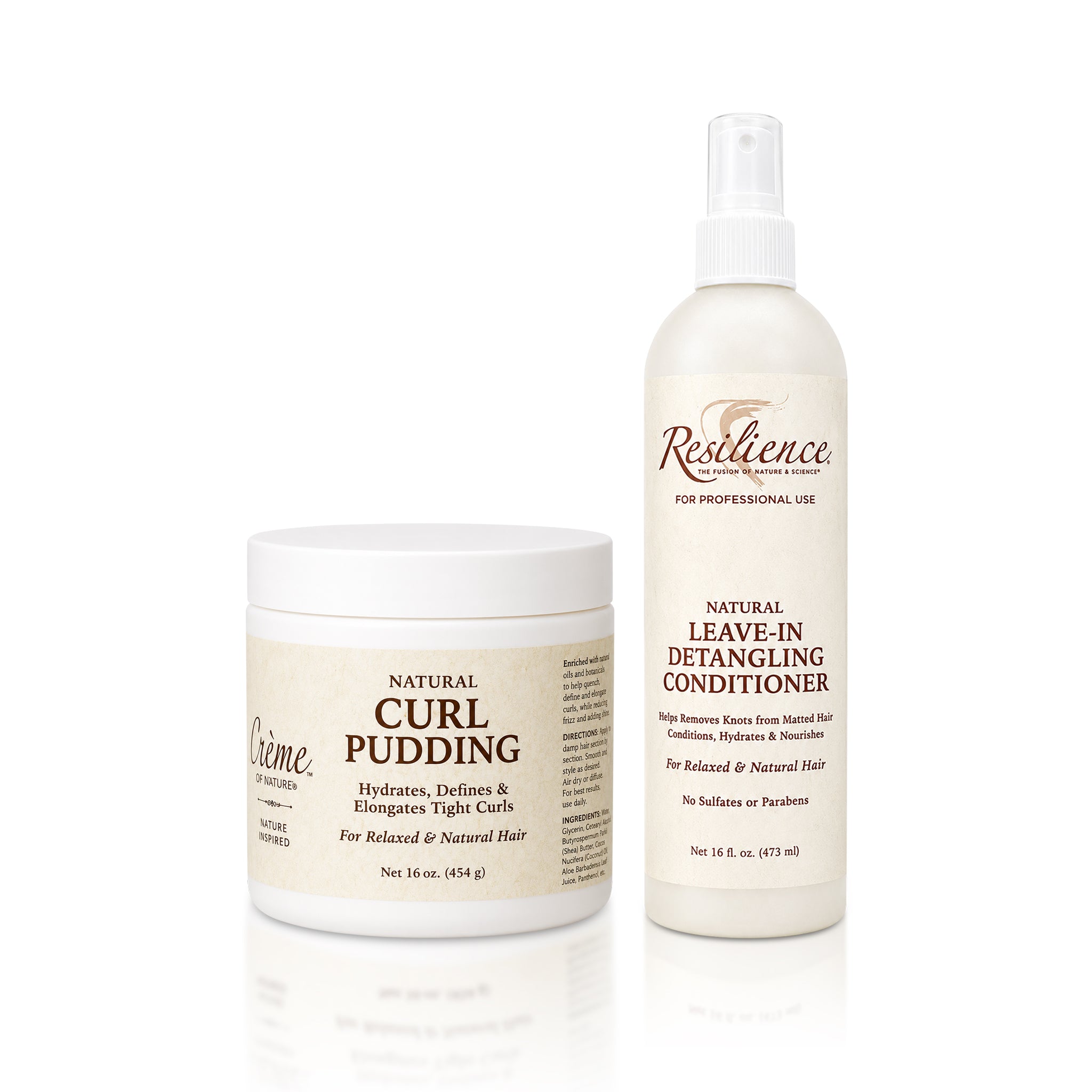 RESILIENCE Curl Pudding 16oz jar and Leave-In Detangling Conditioner 16oz bottle standing side by side on a white background.