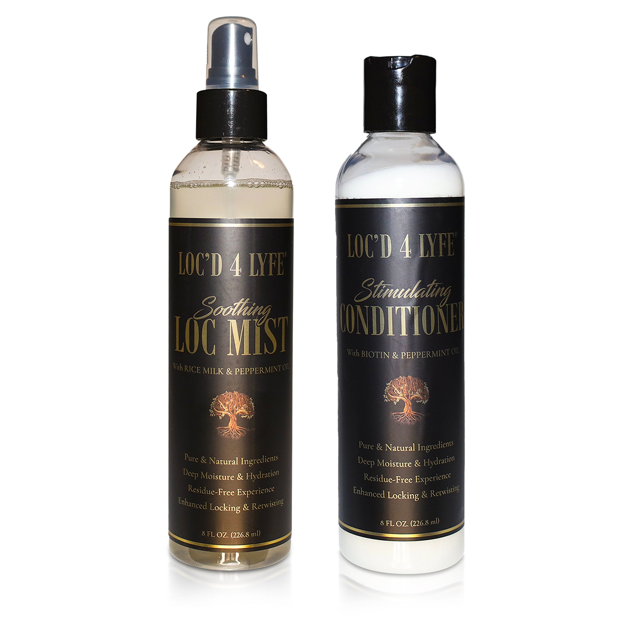 LOC'D 4 LYFE Soothing Loc Mist and Stimulating Conditioner in two black-and-gold-labeled 8oz bottles standing side by side on a white background.