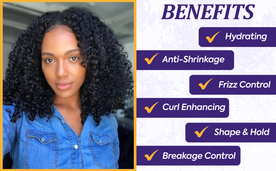 Woman with styled hair next to a list of hair product benefits