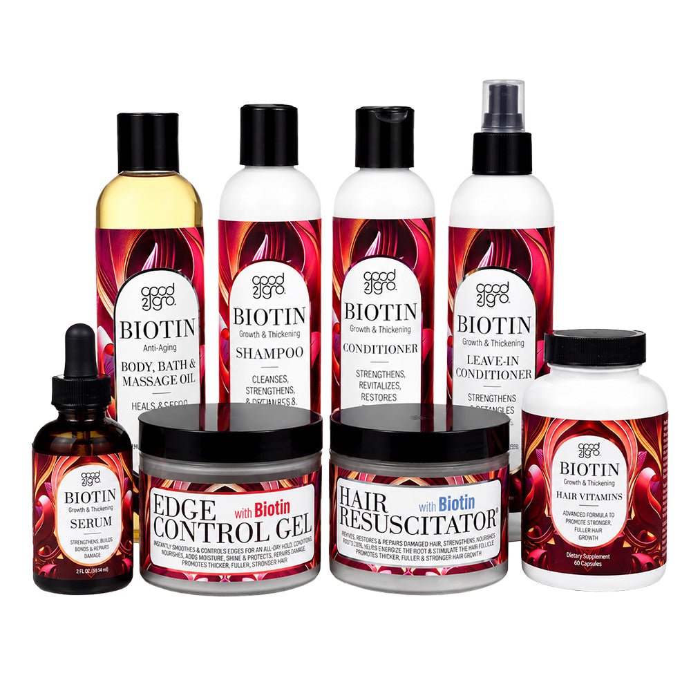 Eight GOOD2GRO Biotin products, including shampoo, conditioner, serum, edge control gel and hair vitamins.