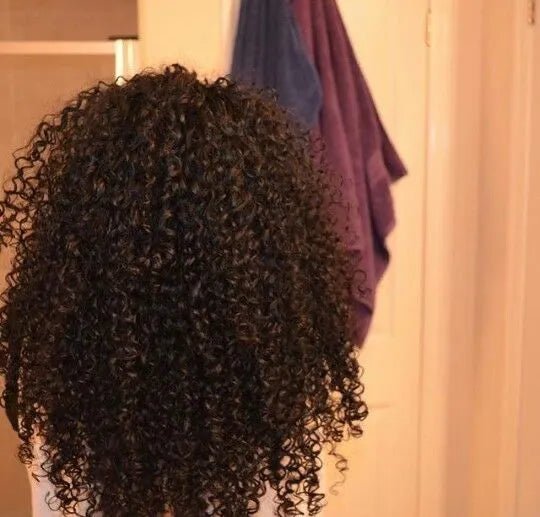 Back view of long brown hair styled in defined curls.