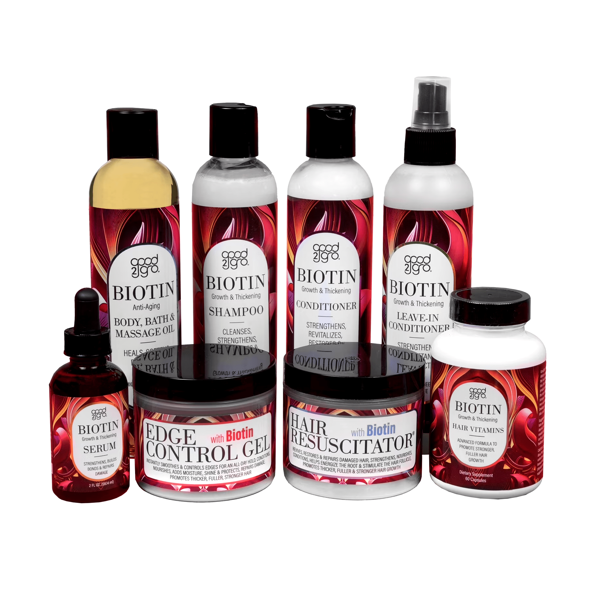 GOOD2GRO Biotin Complete Care Bundle, eight products with red patterned labels on a white background.