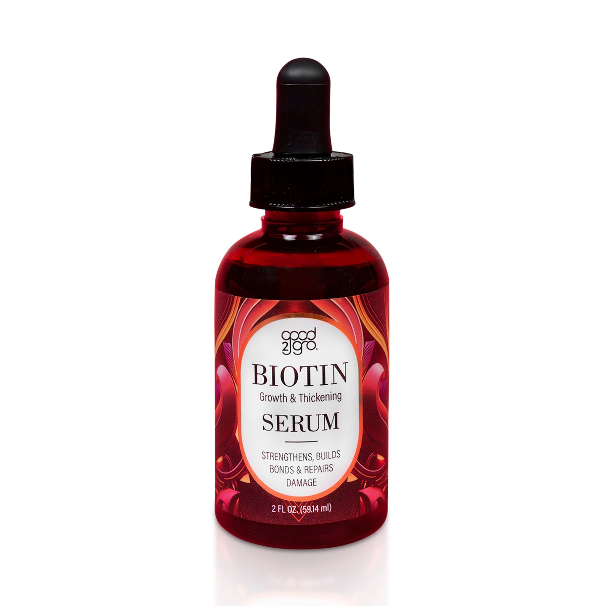Amber biotin growth and thickening serum bottle with dropper cap.