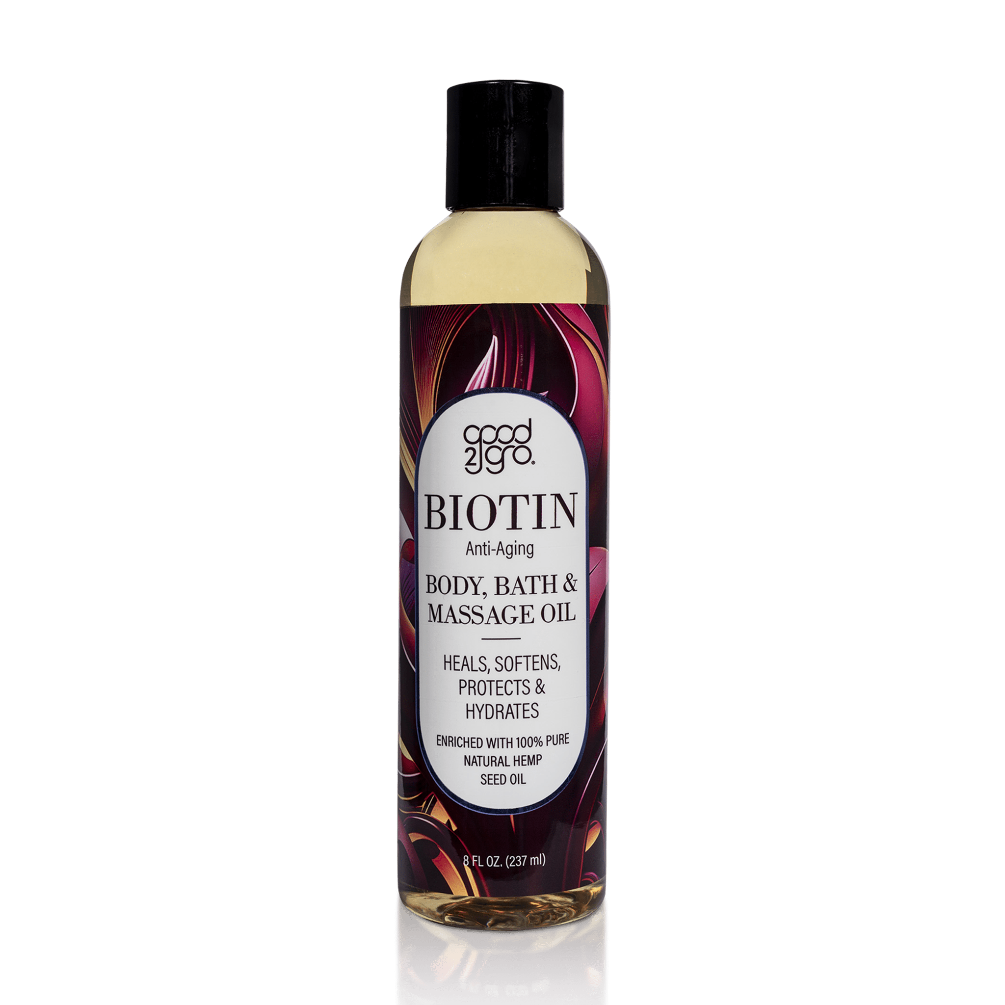 Biotin body bath & massage oil bottle with black cap and beige label