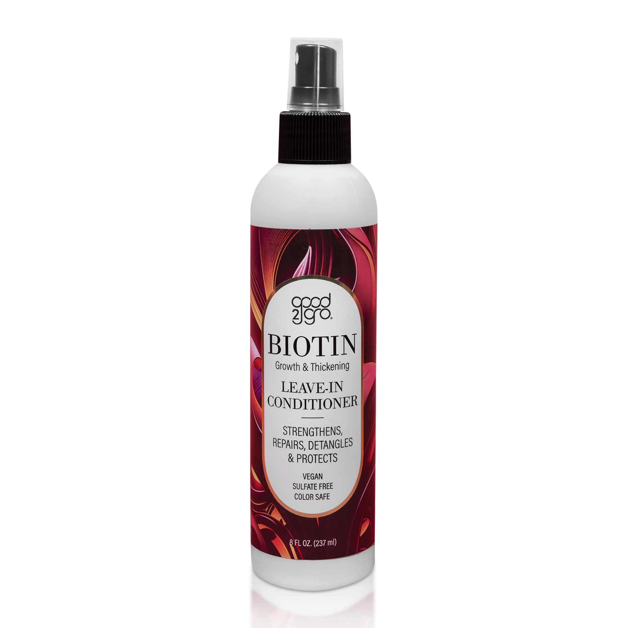 Biotin leave-in conditioner bottle with black spray cap and red label