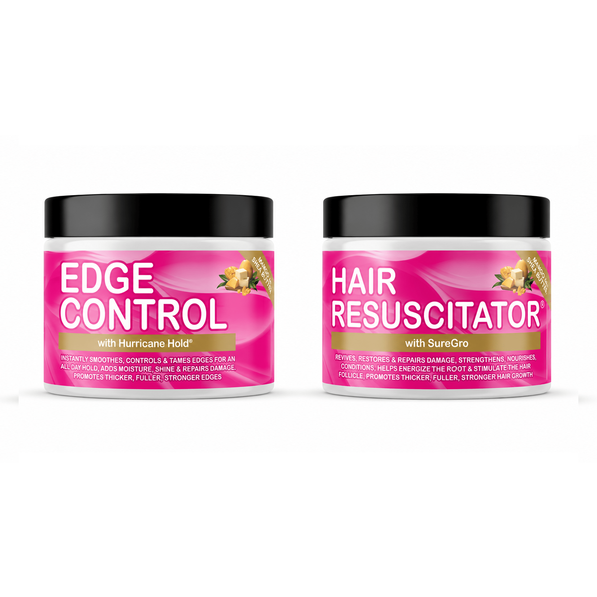 GOOD2GRO Hair Resuscitator & Edge Control Duo, two pink-labeled jars with black lids on white.