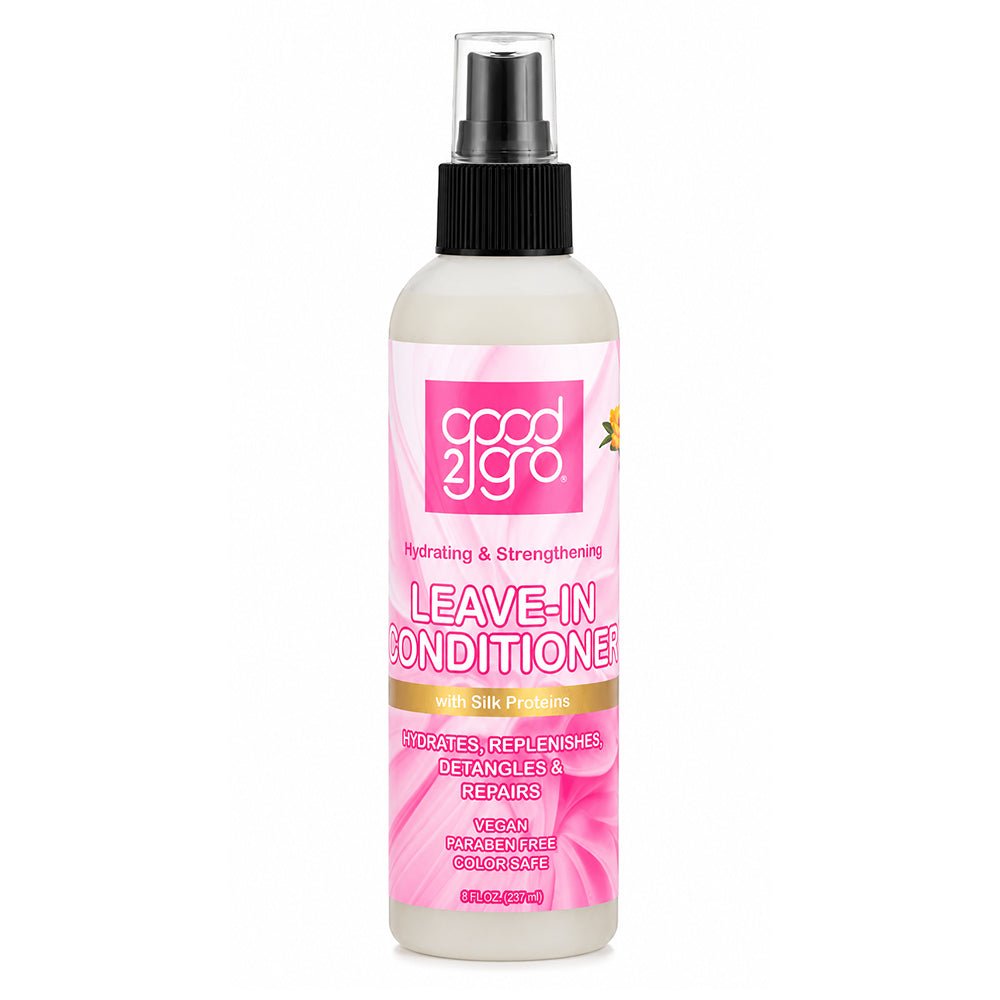 GOOD2GRO leave-in conditioner bottle with spray pump and pink label, 8 oz.