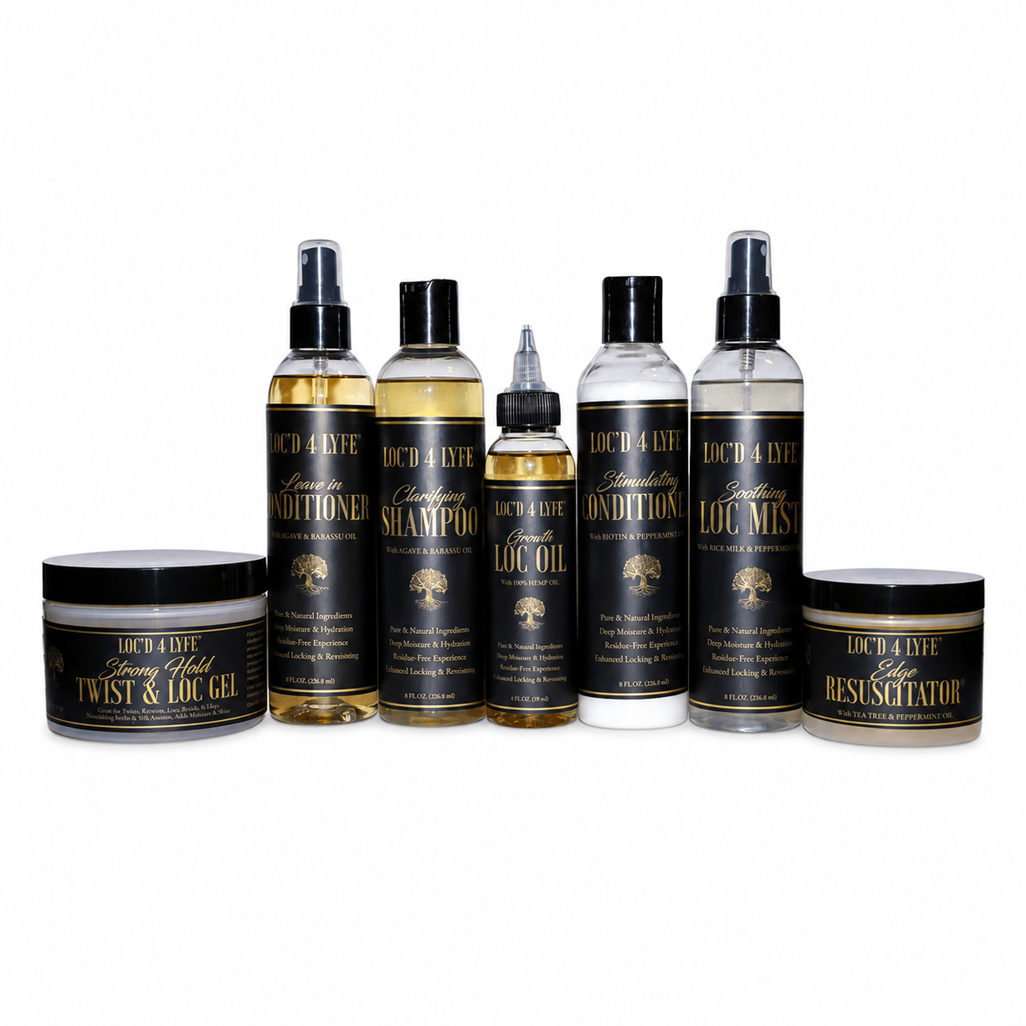 Seven black-and-gold-labeled LOC'D 4 LYFE products on a white background: Twist & Loc Gel, Leave-In Conditioner, Clarifying Shampoo, Growth Loc Oil, Stimulating Conditioner, Soothing Loc Mist and Edge Resuscitator.