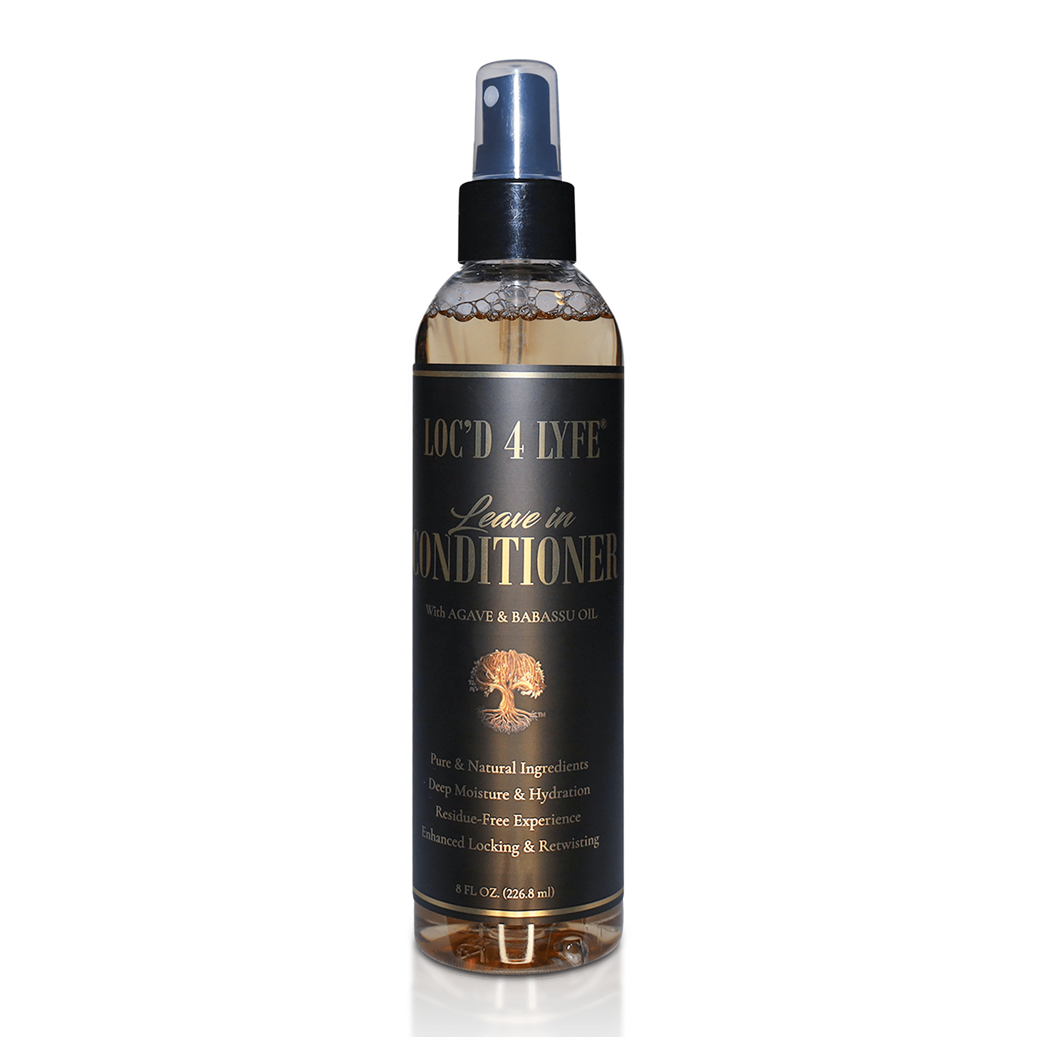Leave-in conditioner bottle with gold label and black cap, 8 oz