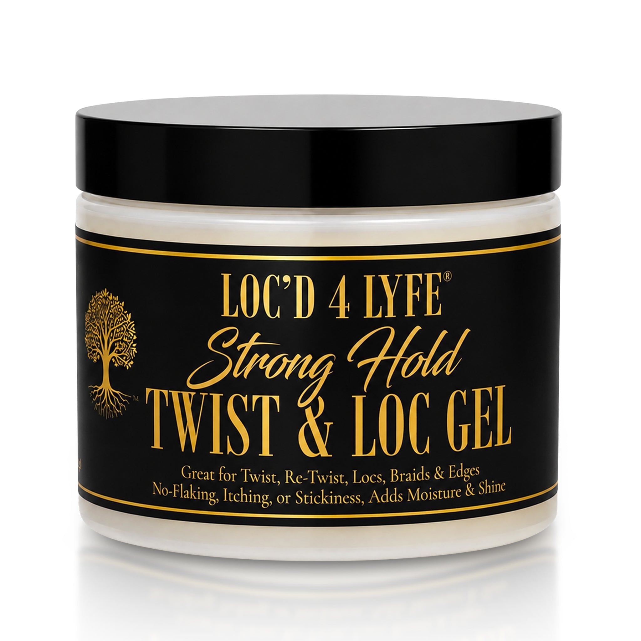LOC'D 4 LYFE twist & loc gel jar, black lid with gold label and lettering