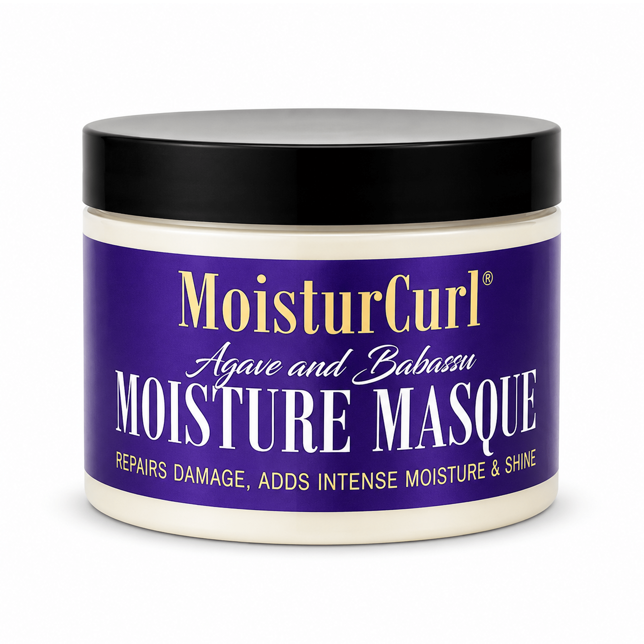 MoisturCurl Moisture Masque jar with black lid; purple label for deep repair and shine