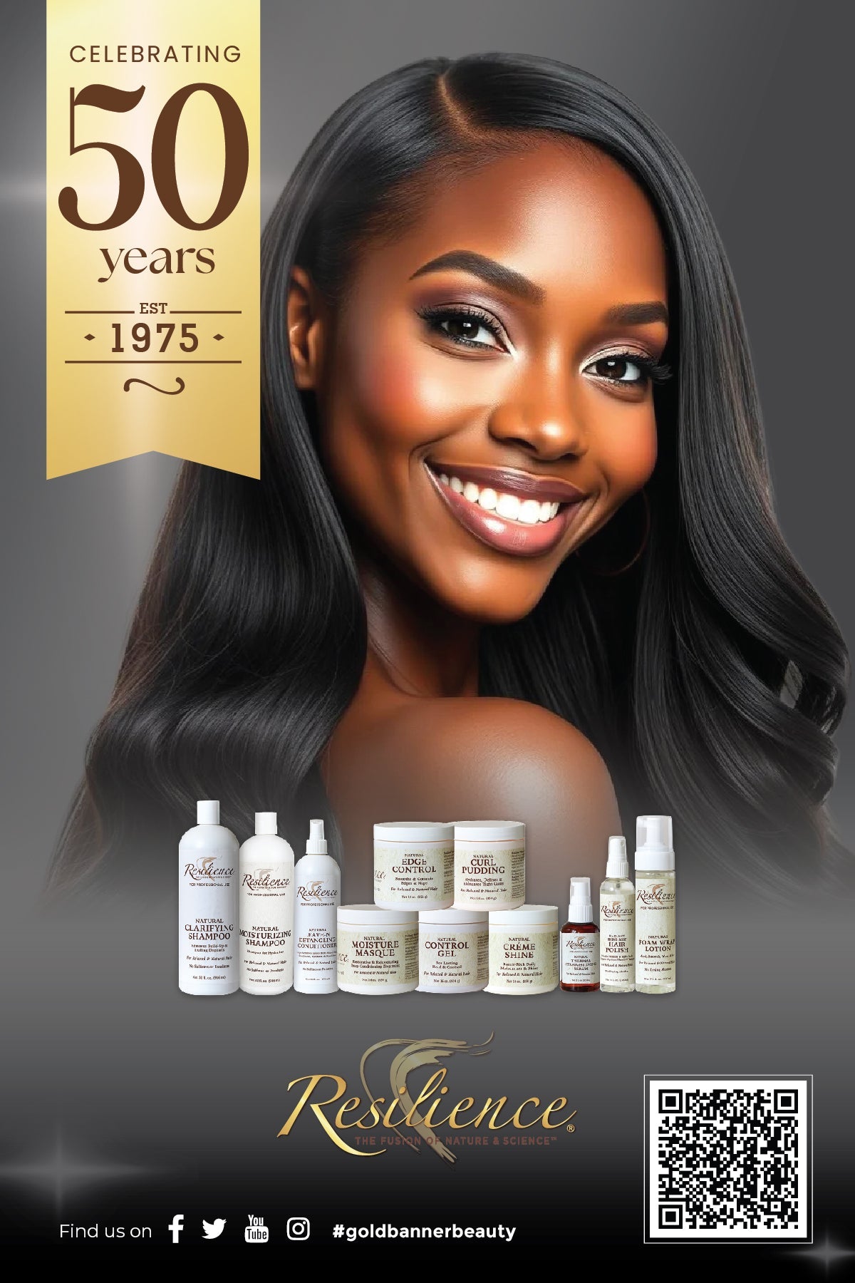 Advertisement for a beauty product line celebrating 50 years with a woman and products displayed.