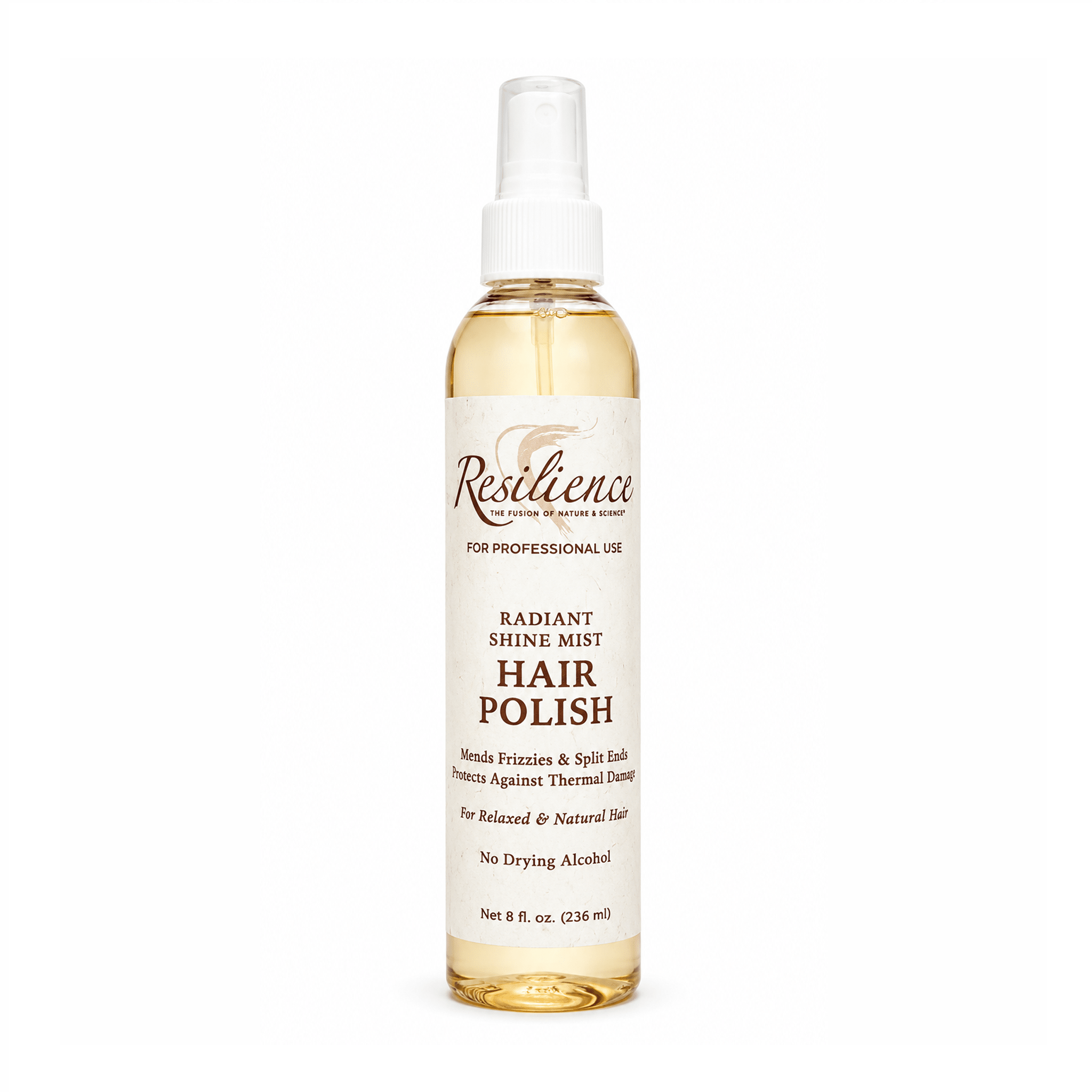 RESILIENCE hair polisher bottle with pump sprayer, clear amber liquid
