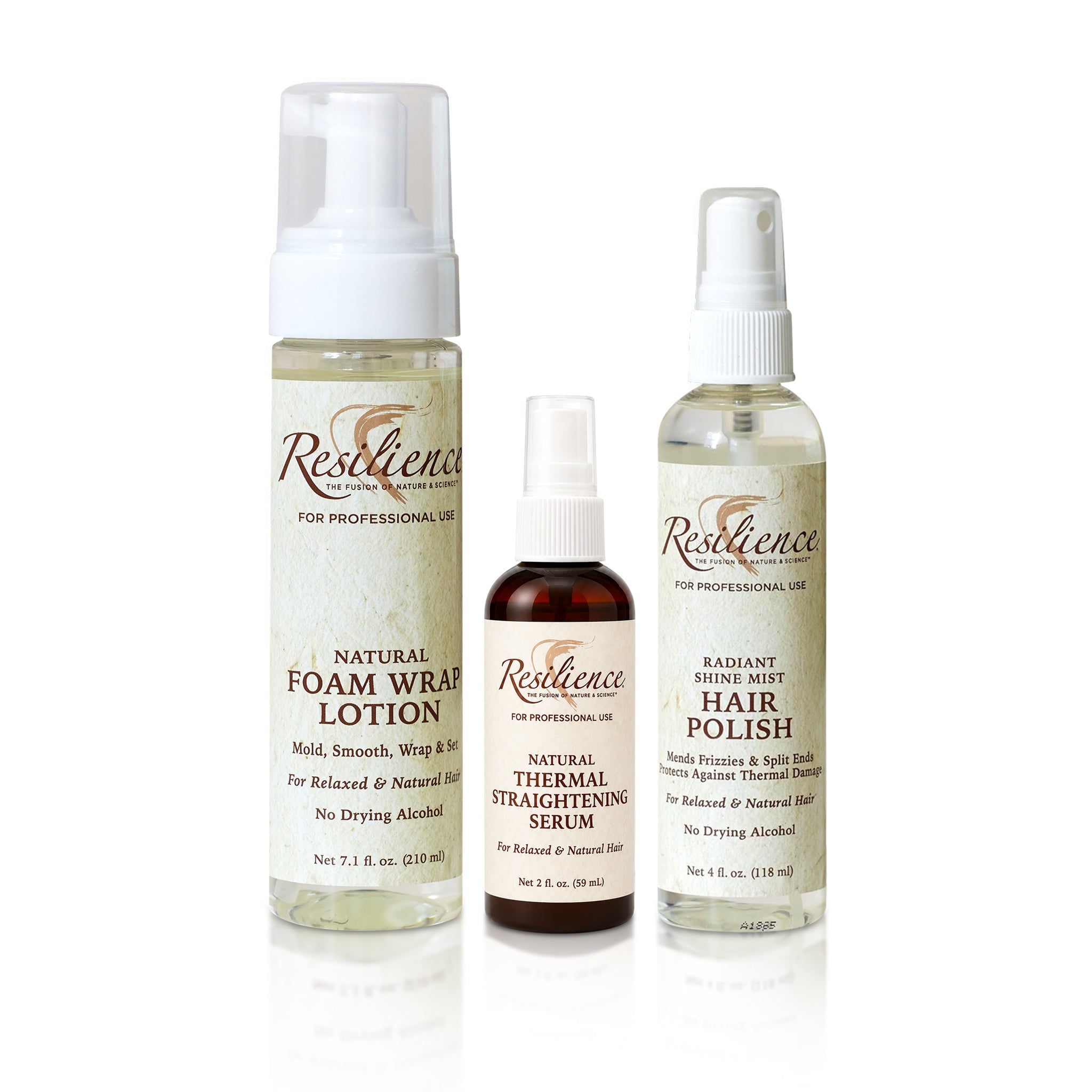 RESILIENCE Shine Trio: Foam Wrap Lotion, Thermal Straightening Serum and Hair Polish bottles on a white background.